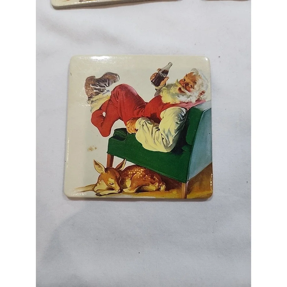2000~Coca Cola Christmas Coaster~Cork Santa Claus w/Deer & Coke Bottle~13 Pieces